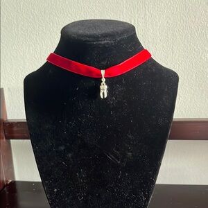 Elegant Red Choker Necklace with Silver tooth Pendant